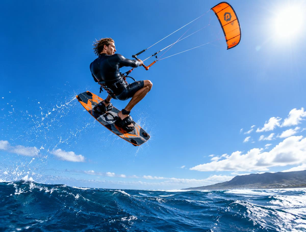 Kitesurfista saltando sobre o mar